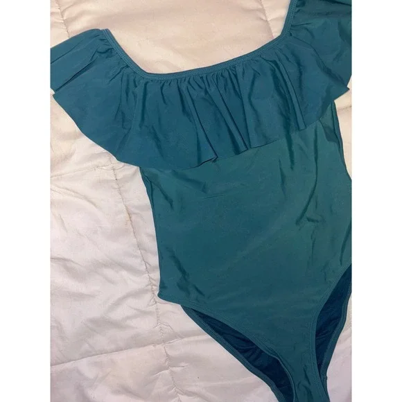 Calar del Sol Womens Teal Off Shoulder Ruffle One Piece Swimsuit Small - Picture 2 of 5